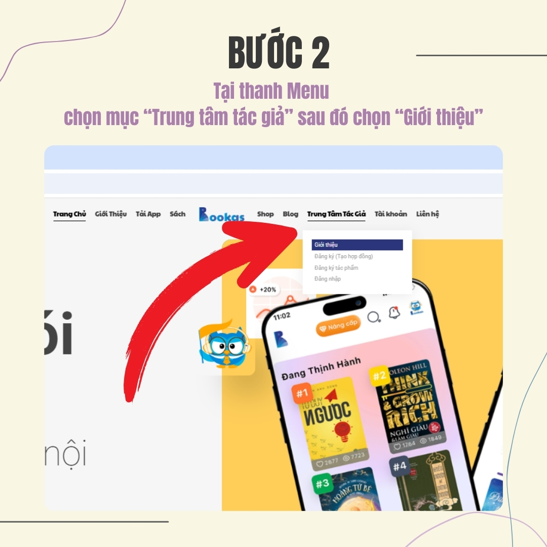 Tại thanh Menu chọn mục “Trung tâm tác giả” sau đó chọn “Giới thiệu”: https://rundev.bookas.vn/danh-cho-tac-gia/ 